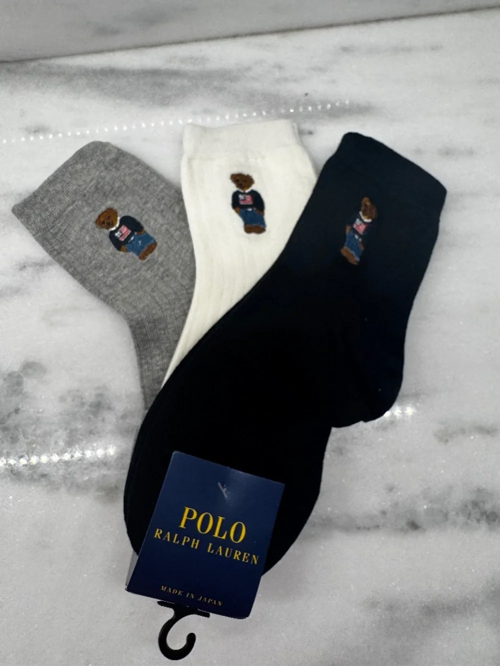 Polo Ralph Lauren 3 pack Ladies Rib Knit Bear Socks with American Flag.